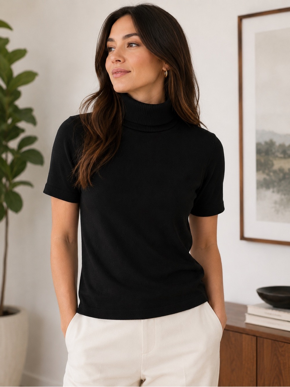 Anne Klein Black Short-Sleeve Turtleneck Sweater Top